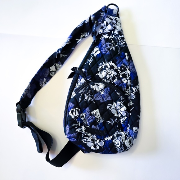 Vera Bradley Handbags - Vera Bradley Quilted Sling Backpack – Black, Purple, Gray & White | Like New